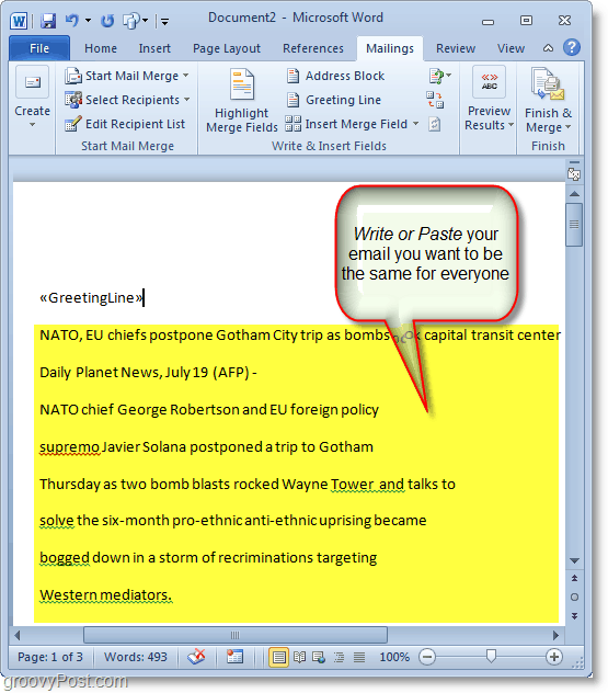 لقطة شاشة Outlook 2010 - كتابة محتوى البريد الإلكتروني الجماعي الخاص بك