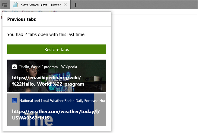 مجموعات علامات التبويب السابقة في Windows 10