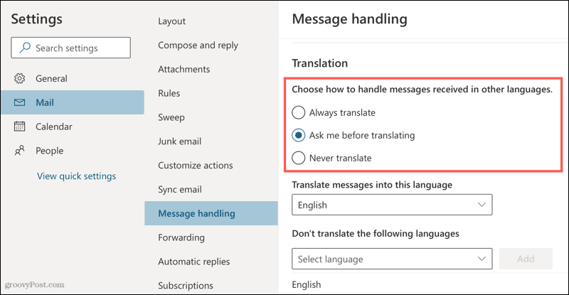 إعدادات الترجمة في Outlook online