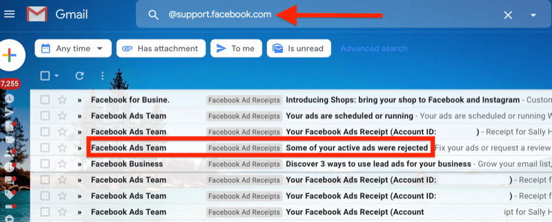 مثال على عامل تصفية gmail لـ @ support.facebook.com لعزل جميع إشعارات البريد الإلكتروني لإعلانات Facebook