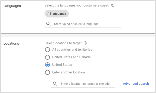 إعدادات اللغات والمواقع لحملة Google AdWords.