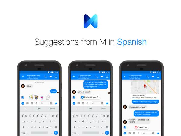 يمكن لمستخدمي Facebook Messenger الآن تلقي اقتراحات من M باللغتين الإنجليزية والإسبانية.