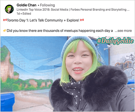 هذه لقطة شاشة لمقطع فيديو على LinkedIn توثق فيه جولدي شان رحلاتها. النص فوق الفيديو يقول "Toronto Day 1: Let