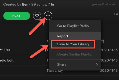 حفظ قائمة تشغيل Spotify في مكتبة مستخدم