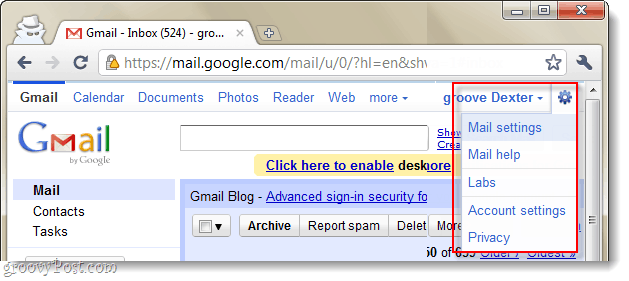 القائمة المنسدلة لإعدادات بريد Gmail
