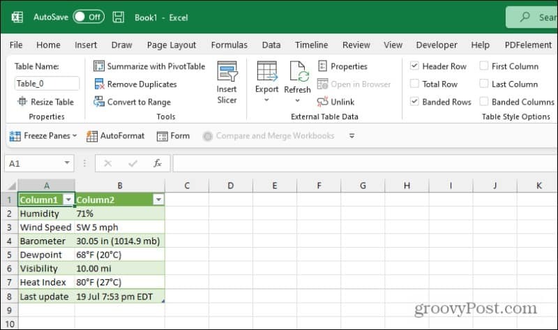 نتائج استعلام ويب Excel