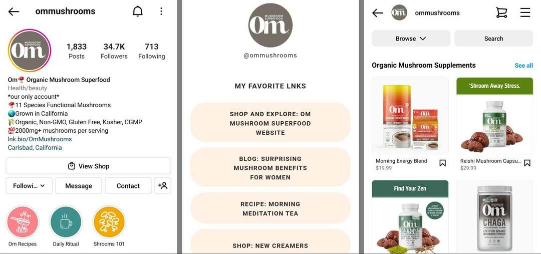 مثال على التجارة الإلكترونية instagram-bio-ommushrooms