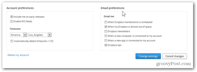 Dropbox تكوين تفضيلات البريد الإلكتروني