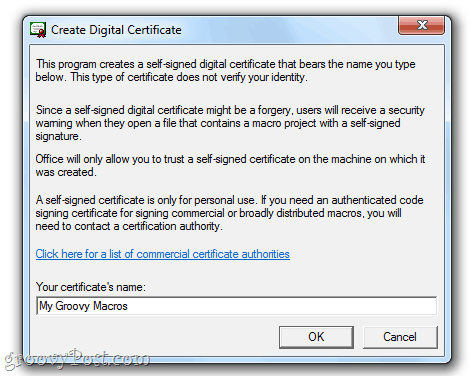 إنشاء شهادة رقمية ذاتية التوقيع في Office 2010