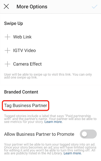 علامة خيار شريك الأعمال لقصص Instagram