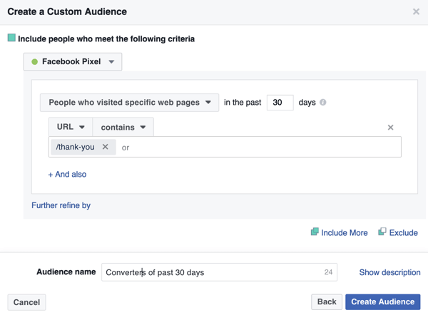 لإنشاء جمهور مخصص على Facebook للمشترين السابقين ، أضف عنوان URL لصفحة الشكر الخاصة بك.