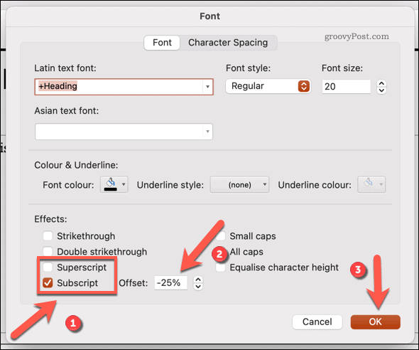 تغيير الخط إلى خط منخفض أو مرتفع في Powerpoint على Mac