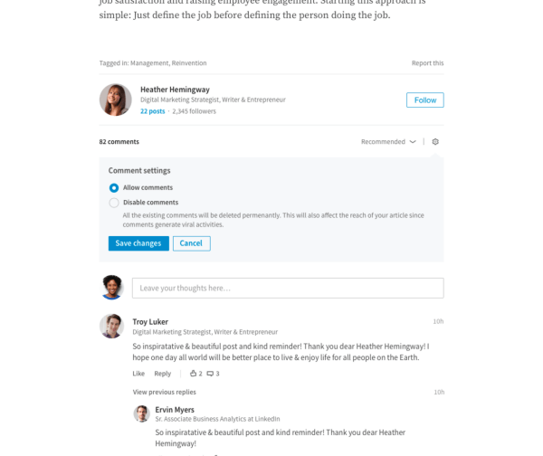 طرح موقع LinkedIn قدرة الناشرين على إدارة التعليقات مباشرة على مقالاتهم الطويلة.