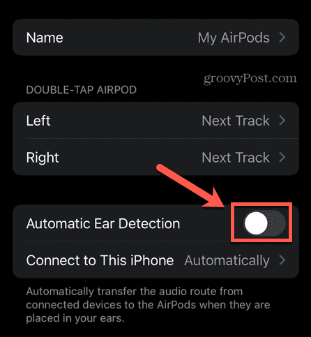إيقاف الكشف التلقائي عن الأذن airpods