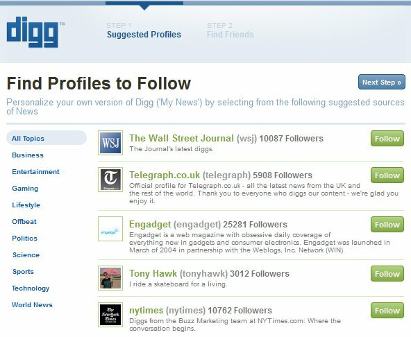 تسجيل دخول Digg جديد - الخطوة 1 - البحث عن الملفات الشخصية