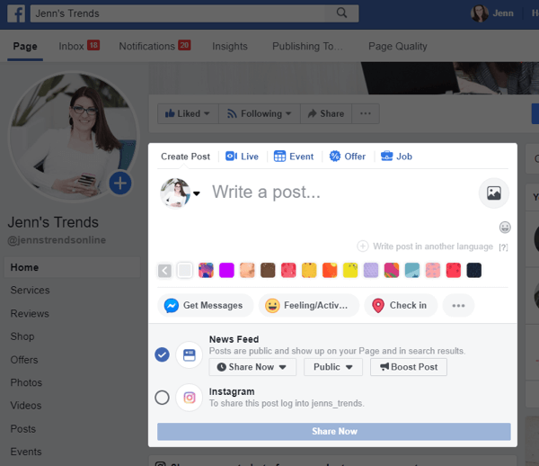 كيفية النشر المتقاطع إلى Instagram من Facebook على سطح المكتب ، الخطوة 2 ، خيار النشر المتقاطع إلى Instagram من منشور Facebook الخاص بك