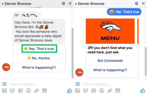 يطالب روبوت الدردشة Denver Broncos المستخدمين بالتسجيل للحصول على ملخصهم اليومي.