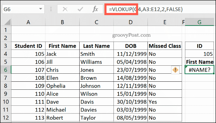 صيغة VLOOKUP بها أخطاء إملائية في Excel ، تعرض خطأ NAME