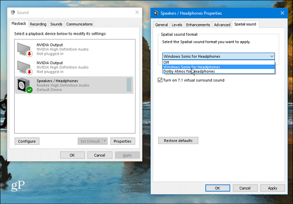 Windows 10 إعداد الصوت المكاني