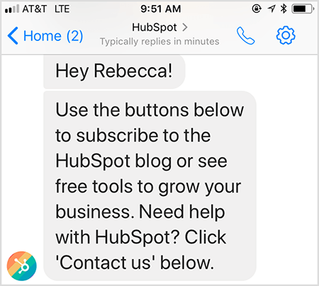 تتيح لك رسالة ترحيب chatbot الخاصة بـ HubSpot الاتصال بشخص ما.