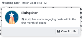 كيفية استخدام ميزات مجموعات Facebook ، مثال على شارة مجموعة Rising Star