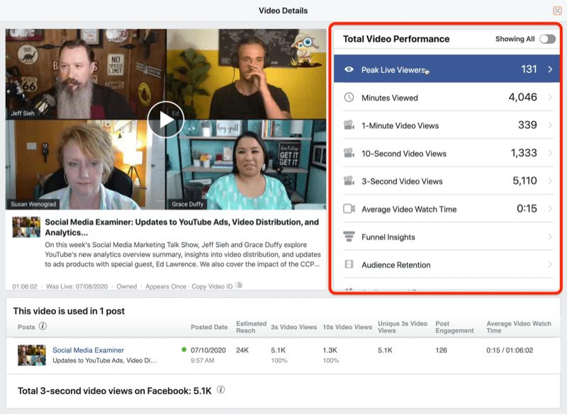 مثال على بيانات الفيديو من رؤى facebook مع إبراز إجمالي بيانات أداء الفيديو