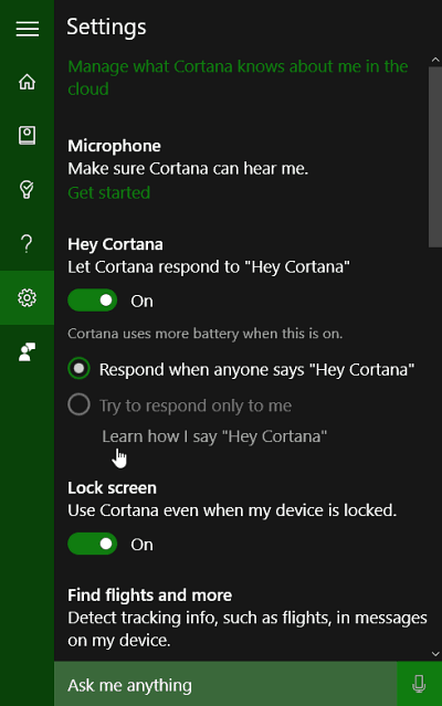 إعدادات Cortana