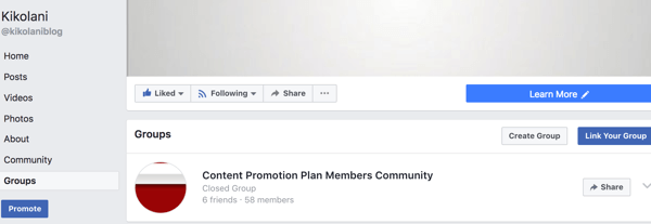 ستظهر مجموعتك المرتبطة في علامة تبويب المجموعات بصفحتك على Facebook.