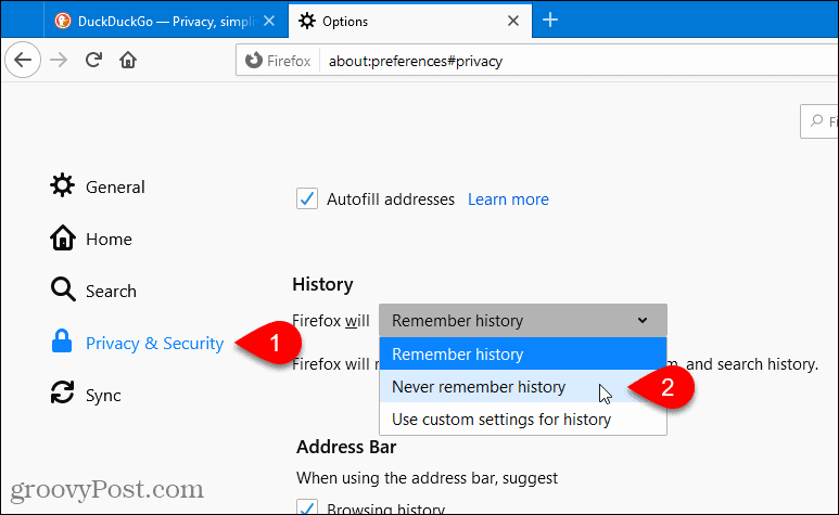 حدد عدم تذكر التاريخ في Firefox