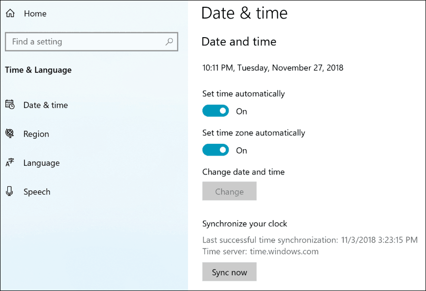 إعدادات ساعة مزامنة Windows 10 19H1