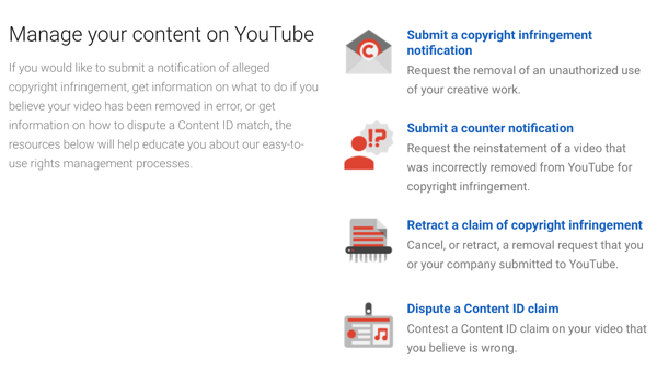 لدى YouTube إجراءات إزالة يمكنك اتباعها إذا انتهك شخص ما حقوق الطبع والنشر الخاصة بك.