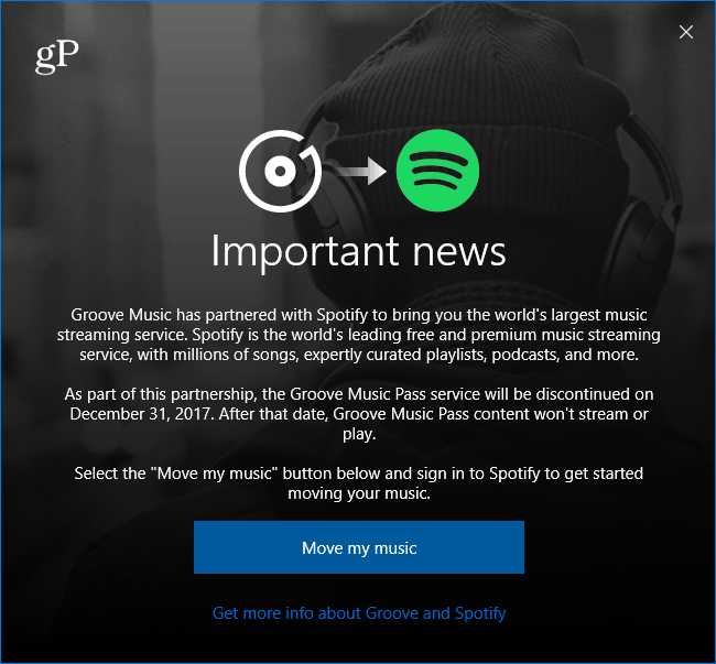 Microsoft Groove Music الانتقال إلى Spotify الرسالة