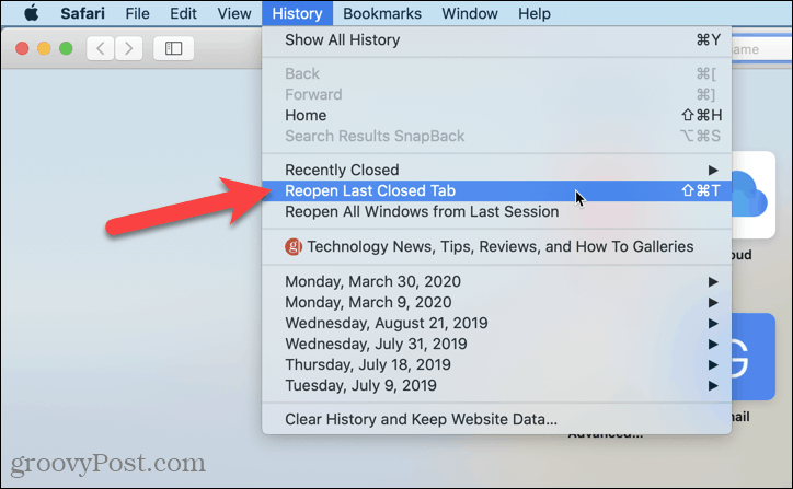 إعادة فتح آخر علامة تبويب مغلقة في Safari