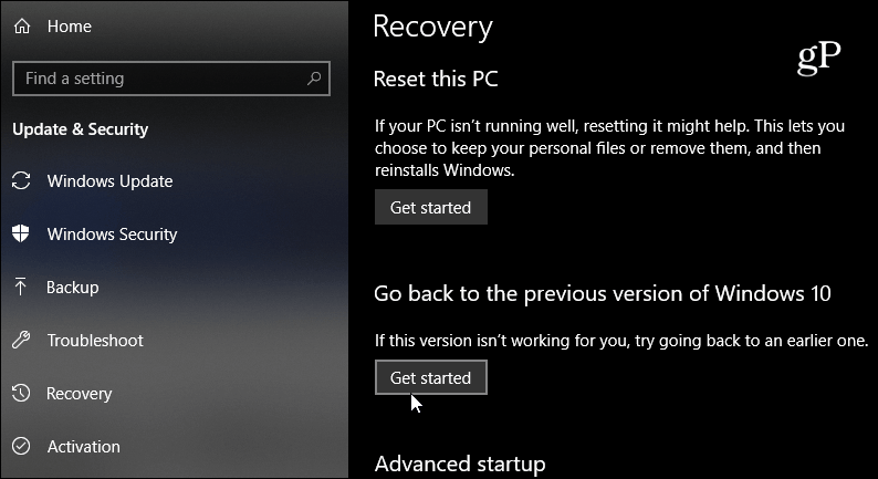 العودة إلى الإصدار السابق من Windows 10