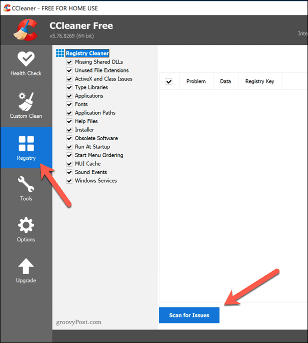 البحث عن عناصر تسجيل Windows المعطلة في CCleaner