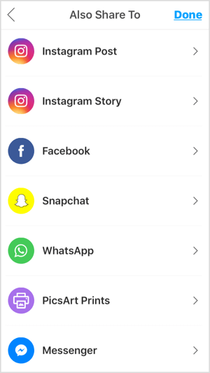 تتيح لك تطبيقات الجوال مثل PicsArt مشاركة صورتك على Instagram و Facebook ومنصات أخرى.