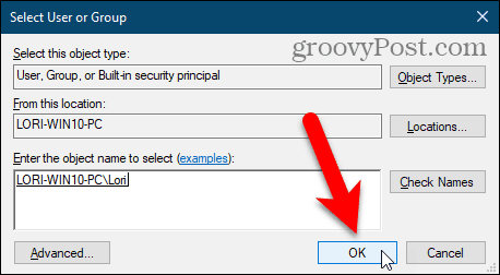 أغلق مربع الحوار تحديد مستخدم أو مجموعة في Windows Regisry