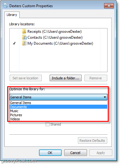 اضبط خصائص المكتبات في Windows 7