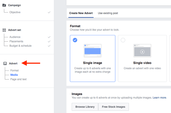 المستوى السفلي لهيكل حملة Facebook هو المكان الذي تختار فيه تصميم إعلانك.