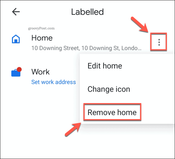 إزالة عنوان منزل محفوظ في خرائط Google للجوال