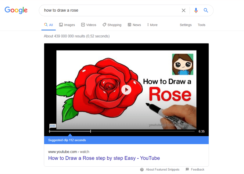 مثال على أهم فيديوهات يوتيوب في نتائج بحث جوجل عن "كيفية رسم وردة"