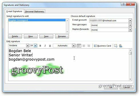 outlook 2013 استخدام شعار groovypost التوقيع