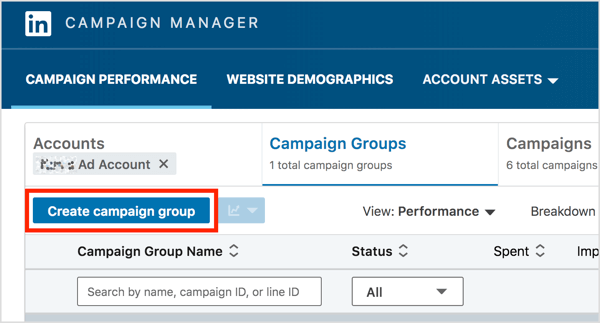 في علامة التبويب "مجموعات الحملات" في LinkedIn Campaign Manager ، انقر فوق الزر "إنشاء مجموعة الحملة".