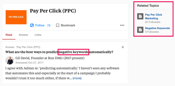 مثال على نتيجة بحث Quora بما في ذلك مصطلح البحث "PPC" وعبارة "الكلمات الرئيسية السلبية".