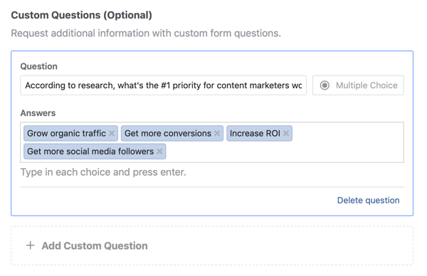 مثال على خيارات الأسئلة والأجوبة لسؤال لحملة إعلانية على Facebook.