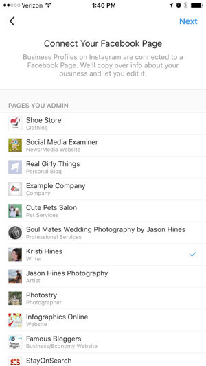 الملف الشخصي للأعمال instagram الاتصال بصفحة الفيسبوك