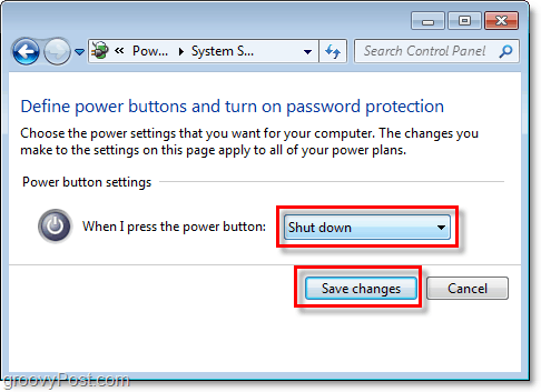قم بضبط ما سيفعله زر إغلاق Windows 7 الخاص بك ، انقر فوق حفظ التغييرات لإنهاء