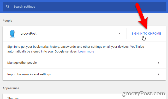 انقر فوق تسجيل الدخول إلى Chrome على Windows