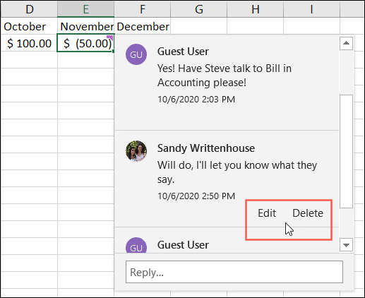 تحرير أو حذف رد تعليق في Excel