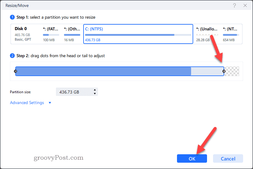 تغيير حجم القسم في EaseUS